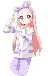 Rule 34 | 1girl, :o, ahoge, arm up, bangs pinned back, bow, bow hairband, brown eyes, cropped legs, dot nose, feet out of frame, forehead, grey hair, hair behind ear, hairband, hand on own chest, hand up, haru (konomi 150), highres, hood, hood down, hooded jacket, jacket, long hair, long sleeves, namori (style), onii-chan wa oshimai!, oyama mahiro, pajamas, pants, parted lips, purple bow, purple hairband, purple jacket, purple pajamas, purple pants, simple background, sleeves past fingers, sleeves past wrists, solo, standing, striped clothes, striped jacket, striped pajamas, tareme, wet face, white background, zipper pull tab