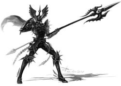 Rule 34 | 1boy, armor, cape, dated, full armor, greyscale, helmet, male focus, mask, monochrome, noobest, patapon, personification, polearm, shoulder armor, shoulder spikes, solo, spear, spikes, standing, weapon, white background