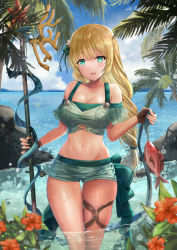 Rule 34 | 1girl, bikini, blonde hair, blue sky, breasts, brown gloves, cleavage, cloud, day, fingerless gloves, fire emblem, fire emblem: three houses, fire emblem heroes, fish, flower, gloves, green bikini, green eyes, hair flower, hair ornament, highres, holding, ingrid brandl galatea, large breasts, long hair, medium breasts, midriff, navel, nintendo, official alternate costume, open mouth, outdoors, palm tree, polearm, sky, solo, standing, swimsuit, tree, wading, water, weapon, yui (msy1302mana)