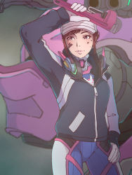 Rule 34 | 1girl, alternate hairstyle, baseball cap, blue bodysuit, bodysuit, brown eyes, brown hair, d.va (overwatch), dirty, dirty face, gloves, hand on own hip, hat, headphones, headphones around neck, highres, jacket, kukie-nyan, mecha, overwatch, overwatch 1, parted lips, ribbed bodysuit, robot, shooting star d.va, skin tight, solo, wrench