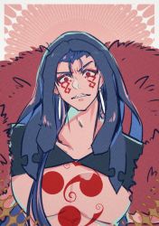 Rule 34 | 1boy, absurdres, angry, blue hair, bodypaint, closed mouth, cu chulainn (fate), cu chulainn (fate) (all), cu chulainn (fate/stay night), cu chulainn alter (fate), cu chulainn alter (fate/grand order), dark persona, detached hood, earrings, facepaint, fate/grand order, fate (series), fur, highres, hood, hood up, jewelry, lancer, long hair, looking at viewer, looking down, male focus, mishima-maki, muscular, ponytail, red eyes, sharp teeth, slit pupils, solo, teeth, type-moon