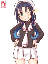 Rule 34 | 1girl, artist logo, black shirt, blue hair, cardcaptor sakura, commentary request, cosplay, cowboy shot, dated, gradient hair, green eyes, grin, hands on own hips, kanon (kurogane knights), kantai collection, long hair, looking at viewer, low twintails, multicolored hair, neckerchief, one-hour drawing challenge, one eye closed, pleated skirt, ribbon, sailor collar, school uniform, serafuku, shirt, simple background, skirt, smile, solo, suzukaze (kancolle), tomoeda elementary school uniform, twintails, white background, white neckerchief, white sailor collar, white skirt