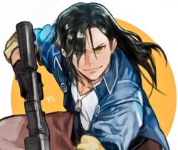Rule 34 | 1boy, belt, black belt, black gloves, black hair, blue jacket, brown pants, commentary, determined, dog tags, earrings, final fantasy, final fantasy viii, garbage paper, gloves, green eyes, gun, hair over one eye, high collar, holding, holding gun, holding weapon, hoop earrings, jacket, jewelry, korean commentary, laguna loire, long hair, looking at viewer, machine gun, male focus, necklace, open clothes, open jacket, orange background, pants, shirt, signature, sleeves rolled up, smile, solo, squatting, upper body, v-neck, weapon, white shirt