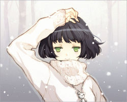 Rule 34 | black hair, bob cut, green eyes, jewelry, lowres, necklace, short hair, smile, snow, snowing, solo, sweater, tearfish