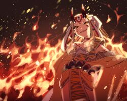 Rule 34 | 1girl, bare shoulders, blonde hair, body markings, commentary, cowboy shot, dark background, earrings, facial mark, fang, fate/grand order, fate (series), fire, forehead mark, grin, horns, ibaraki douji (fate), isagiyo, japanese clothes, jewelry, kimono, long hair, looking at viewer, off shoulder, oni, oni horns, parted lips, pointy ears, short kimono, smile, solo, symbol-only commentary, yellow eyes, yellow kimono