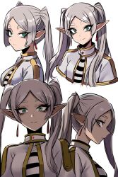 Rule 34 | 1girl, bags under eyes, capelet, closed mouth, cut bangs, dress, drop earrings, earrings, elf, expressionless, eyelashes, eyeshadow, frieren, frown, green eyes, grey hair, highres, jewelry, light smile, long hair, looking at viewer, looking to the side, makeup, nagainegi, parted bangs, pointy ears, scowl, smile, solo, sousou no frieren, twintails, white hair