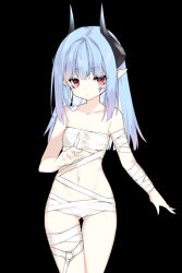 Rule 34 | 1girl, bags under eyes, bandages, bare shoulders, black background, blue hair, breasts, cowboy shot, demon girl, expressionless, fingernails, gluteal fold, horns, long fingernails, long hair, looking at viewer, naked bandage, navel, o-ring, original, pointy ears, red eyes, saru, sidelocks, simple background, small breasts, solo, tattoo, thigh gap