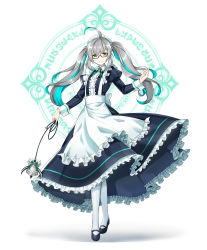 Rule 34 | 1girl, absurdres, ahoge, ain, ainchase ishmael, aqua hair, bell, elsword, frills, full body, green ees, highres, long hair, looking at viewer, maid, monet930, multicolored hair, pantyhose, red-framed eyewear, silver hair, smile, solo, standing, two-tone hair, white pantyhose