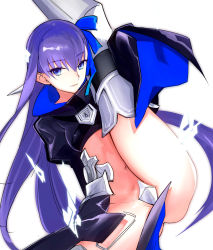 Rule 34 | 10s, 1girl, armor, armored boots, blue eyes, blue ribbon, boots, crotch plate, dutch angle, fate/extra, fate/extra ccc, fate (series), faulds, glowing, hair between eyes, hair ribbon, hands in opposite sleeves, highres, invisible chair, leg up, long hair, long sleeves, looking at viewer, meltryllis (fate), navel, purple hair, revealing clothes, ribbon, sitting, solo, stomach, tetsu (kimuchi), thigh boots, thighhighs, thighs, very long hair, waist cape, wide sleeves