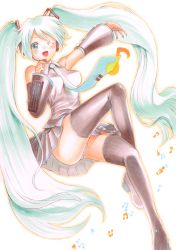 Rule 34 | 1girl, aqua eyes, aqua hair, bad id, bad pixiv id, boots, crossed legs, hatsune miku, headset, izurabe, long hair, musical note, necktie, one eye closed, open mouth, outstretched arm, panties, pantyshot, sitting, skirt, solo, striped clothes, striped panties, thigh boots, thighhighs, twintails, underwear, very long hair, vocaloid, wink