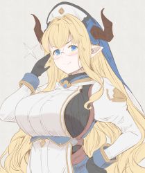 Rule 34 | beige background, blonde hair, blue eyes, blush, breasts, draph, glasses, granblue fantasy, hand on own hip, hat, hood, horns, kichihachi, large breasts, looking at viewer, pointy ears, razia
