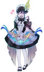 Rule 34 | 1boy, ;d, apron, black dress, black footwear, black hair, blue eyes, blue hair, bow (weapon), braid, crossdressing, dress, elegy of the end (genshin impact), flower, genshin impact, gradient hair, hair flower, hair ornament, heart, highres, maid, maid headdress, male focus, mary janes, multicolored hair, one eye closed, open mouth, pantyhose, popen, shoes, short hair with long locks, smile, solo, twin braids, venti (genshin impact), weapon, white apron, white flower, white pantyhose