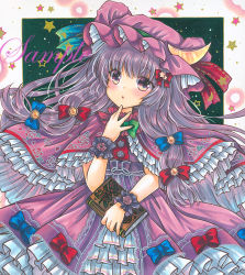 Rule 34 | 1girl, :o, blue bow, blush, book, border, bow, cape, cowboy shot, crescent, crescent hat ornament, dot nose, dress, dress bow, floral print, flower, frilled cape, frilled cuffs, frilled dress, frilled hat, frills, green background, green ribbon, hair bow, hair ornament, hair ribbon, hand on own chin, hand up, hat, hat ornament, hat ribbon, holding, holding book, lace, lace-trimmed dress, lace trim, long hair, looking at viewer, marker (medium), mob cap, outside border, patchouli knowledge, pink cape, pink dress, pink hat, print cape, purple eyes, purple hair, red bow, red ribbon, ribbon, rose, rose print, rui (sugar3), sample watermark, shikishi, solo, standing, star (symbol), star hair ornament, starry background, touhou, traditional media, tress ribbon, watermark, white border, wrist cuffs