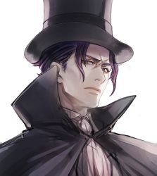 Rule 34 | 1boy, ace attorney, barok van zieks, black cape, black hat, blue eyes, cape, closed mouth, collared cape, hat, highres, kuroda matsurika, looking at viewer, male focus, purple hair, scar, scar on face, short hair, simple background, sketch, solo, the great ace attorney, the great ace attorney: adventures, top hat, tsurime, upper body, white background