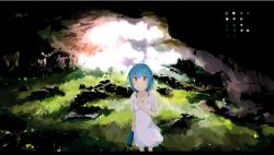 Rule 34 | 1girl, ahoge, bad id, bad nicoseiga id, blue hair, blush stickers, cave, color guide, dress, hand on own chest, highres, letterboxed, moss, original, red eyes, rock, scenery, short hair, short sleeves, smile, solo, standing, tetsuro, tetsurou (fe+), white dress