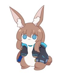 Rule 34 | :3, amiya (arknights), animal, animal ear fluff, animal ears, animalization, arknights, black jacket, blue eyes, blush, brown hair, closed mouth, clothed animal, full body, hair between eyes, highres, hood, hood down, hooded jacket, jacket, kurotofu, long hair, long sleeves, looking at viewer, puffy long sleeves, puffy sleeves, rabbit ears, rabbit tail, simple background, solo, standing, tail, very long hair, white background