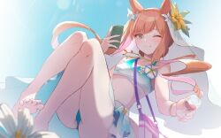 Rule 34 | 1girl, animal ears, aqua eyes, ass, bag, bare shoulders, blue sky, blush, braid, breasts, cellphone, commentary request, crown braid, cup, drinking glass, ear ornament, feet, flower, gradient bikini, highres, holding, holding cup, holding phone, horse ears, horse girl, illng, jewelry, long hair, looking at viewer, midair, necklace, official alternate costume, orange hair, phone, purple bag, shoulder bag, silence suzuka (emerald on the waves) (umamusume), silence suzuka (umamusume), sky, small breasts, smartphone, smile, solo, swimsuit, umamusume, veil, wine glass