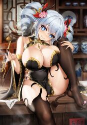 Rule 34 | 1girl, absurdres, bare shoulders, black thighhighs, blue eyes, blue hair, breasts, candy, cleavage, demon tail, drill hair, food, hair ornament, heart, heart-shaped pupils, highres, holding, holding smoking pipe, huge breasts, lollipop, long hair, looking at viewer, niliu chahui, original, parted lips, shione (niliu chahui), sitting, smile, smoking pipe, solo, symbol-shaped pupils, tail, thighhighs, thighs, twintails
