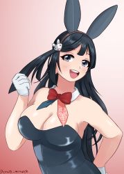 Rule 34 | 1girl, absurdres, animal ears, artist name, artist request, azure monarch, bare shoulders, black hair, black leotard, blue bow, blue bowtie, blue hair, blush, bow, bowtie, breasts, cleavage, collarbone, dark blue hair, fake animal ears, female focus, flower print, gloves, grey eyes, hair ornament, hairclip, hairpin, hand on own hip, highres, leotard, long hair, looking at viewer, love live!, love live! nijigasaki high school idol club, medium breasts, parted lips, pink background, pink bow, pink bowtie, playboy bunny, rabbit ears, rabbit hairpin, red bow, smile, solo, white gloves, wing collar, yuki setsuna (love live!)