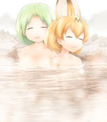Rule 34 | 2girls, :3, :d, ^ ^, animal ears, bathing, blonde hair, breasts, closed eyes, closed mouth, collarbone, commentary, commentary request, extra ears, facing viewer, green hair, hair between eyes, kemono friends, large breasts, mirai (kemono friends), multiple girls, navel, nipples, nude, onsen, open mouth, outdoors, parted hair, partially submerged, rock, serval (kemono friends), shirosato, short hair, sitting, small breasts, smile, split mouth, steam, symbol-only commentary, water
