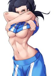 Rule 34 | 10s, 1girl, asymmetrical hair, bad id, bad pixiv id, black hair, boku no hero academia, breasts, brown eyes, cleavage, clothes lift, cowboy shot, head tilt, highres, large breasts, looking to the side, midriff, navel, nico-mo, no bra, ponytail, shirt lift, short sleeves, simple background, solo, sportswear, underboob, undressing, white background, yaoyorozu momo