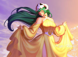 Rule 34 | 1girl, absurdres, bare shoulders, bleach, breasts, clothes lift, cloud, dress, dress lift, closed eyes, green hair, highres, huge filesize, large breasts, long dress, long hair, long sleeves, nelliel tu odelschwanck, outdoors, skull on head, solo, sunset, tsukizawr, very long hair, yellow dress