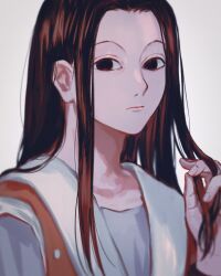 Rule 34 | 1boy, black eyes, black hair, commentary, hand in own hair, highres, hunter x hunter, illumi zoldyck, light frown, long hair, looking at viewer, male focus, oh myowa666, simple background, solo, symbol-only commentary, upper body
