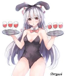 Rule 34 | 1girl, alcohol, animal ears, bare shoulders, blush, bow, bowtie, breasts, colorized, cup, detached collar, drinking glass, fake animal ears, fujiwara no mokou, hair bow, hair ornament, hair ribbon, leotard, long hair, looking at viewer, open mouth, playboy bunny, rabbit ears, red eyes, ribbon, silver hair, simple background, sketch, solo, touhou, tray, twitter username, white background, wine, wine glass, wowoguni