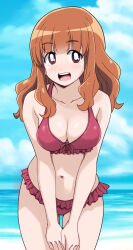Rule 34 | 1girl, bikini, blue sky, blunt bangs, bow, bow bikini, breasts, bright pupils, cloud, cloudy sky, commentary, cowboy shot, day, frilled bikini, frills, girls und panzer, halterneck, hands on own thighs, highres, horizon, leaning forward, long hair, looking at viewer, medium breasts, navel, ocean, open mouth, orange eyes, orange hair, outdoors, ponzu rui, sky, smile, solo, standing, swimsuit, takebe saori, thigh gap, white pupils