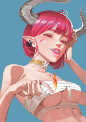Rule 34 | 1girl, absurdres, blue background, breasts, chest sarashi, choker, dragon horns, facepaint, fire, grin, highres, horns, hyeonjong8, medium breasts, original, red eyes, red hair, sarashi, short hair, simple background, slit pupils, smile, solo, upper body, yellow choker