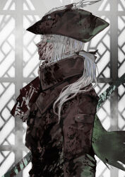 Rule 34 | 1girl, absurdres, blood, blood on clothes, blood on face, bloodborne, brown coat, brown hat, coat, from side, half-closed eye, hat, hat feather, highres, lady maria of the astral clocktower, long hair, long sleeves, park ongjol, ponytail, profile, scarf, solo, sword, torn clothes, torn scarf, tricorne, weapon, window