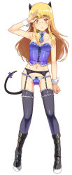 Rule 34 | 1girl, alternate costume, animal ears, black thighhighs, blonde hair, blue corset, blue panties, boots, bow, breasts, cat ears, corset, detached collar, garter belt, garter straps, glasses, gluteal fold, highres, knee boots, lace, lace-trimmed panties, lace trim, lingerie, long hair, necktie, panties, panties over garter belt, perrine h. clostermann, rimless eyewear, salute, short necktie, small breasts, solo, strike witches, tabigarasu, tail, tail bow, tail ornament, thighhighs, underwear, white background, world witches series, wrist cuffs, yellow eyes