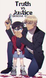 Rule 34 | 2boys, amuro tooru, black-framed eyewear, black footwear, black jacket, black shirt, blonde hair, blood, blood splatter, blue eyes, blue pants, brown hair, buttons, cardigan, child, closed mouth, commentary request, copyright name, covering another&#039;s mouth, edogawa conan, english text, full body, glasses, grey shorts, gun, hair between eyes, hand over another&#039;s mouth, hand up, handgun, holding, holding gun, holding weapon, jacket, k (gear labo), long sleeves, looking at another, looking to the side, male focus, meitantei conan, multiple boys, on one knee, open clothes, open jacket, open shirt, pants, red shirt, serious, shirt, shoes, short hair, shorts, simple background, sneakers, socks, splatter, standing, watch, weapon, white background, white cardigan, white legwear, wristwatch