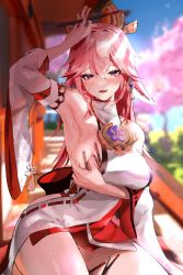Rule 34 | 1girl, animal ears, arm under breasts, arm up, blurry, blurry background, blush, breasts, cherry blossoms, chopsticks, day, detached sleeves, earrings, floral print, genshin impact, hair between eyes, highres, holding, hominamia, japanese clothes, jewelry, large breasts, long hair, looking at viewer, miko, outdoors, parted lips, pink eyes, pink hair, revision, sideboob, solo, swea, tassel, thighs, tree, wide sleeves, yae miko