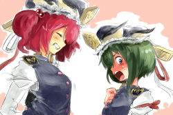 Rule 34 | 2girls, blue eyes, blush, breasts, cosplay, female focus, green hair, grin, hair bobbles, hair ornament, harusame (unmei no ikasumi), hat, medium breasts, multiple girls, onozuka komachi, pink hair, profile, red hair, shiki eiki, shiki eiki (cosplay), short hair, small breasts, smile, touhou, twintails, two side up, upper body