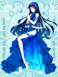 Rule 34 | 1boy, anklet, arm strap, bare shoulders, barefoot, blue background, blue dress, blue eyes, blue flower, blue hair, blue nails, blue rose, bridal garter, crossdressing, crystal flower, dark blue hair, dress, flower, flower hairband, flower ornament, full body, fur trim, hair between eyes, hair flower, hair ornament, hairband, halter dress, halterneck, holding, holding flower, invisible chair, jewelry, kerberos blade, l (matador), long dress, long hair, looking at viewer, male focus, nail polish, own hands clasped, own hands together, puckered lips, rose, see-through, side slit, sideways glance, sitting, sleeveless, sleeveless dress, solo, starry sky print, toenail polish, toenails, trap, wispy bangs, xiao firnat