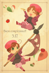 Rule 34 | 2boys, = =, \o/, ahoge, arms up, axis powers hetalia, bad id, bad pixiv id, beret, birthday, blush, boots, brothers, brown hair, chibi, closed eyes, falling, flag, food, green eyes, happy, hat, heart, italian text, italy, jacket, multiple boys, northern italy (hetalia), open mouth, outstretched arms, pants, pizza, polearm, puffy pants, puffy sleeves, shifumi, siblings, spear, surprised, tomato, weapon