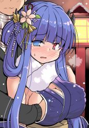 Rule 34 | 1boy, 1girl, azur lane, bare shoulders, blue eyes, blue hair, blue kimono, blush, breasts, breath, cleavage, commander (azur lane), commentary request, embarrassed, full-face blush, fur-trimmed kimono, fur trim, glowing, glowing eyes, grabbing, grabbing another&#039;s breast, grabbing from behind, groping, hair rings, hand under clothes, heterochromia, horns, ibuki (azur lane), ibuki (snow on the wind) (azur lane), ibuki (winter sylph&#039;s reverie) (azur lane), japanese clothes, kimono, large breasts, obi, red eyes, sash, sidelocks, snow, solo focus, sweatdrop, tsuzuri (tuzuri), wavy mouth