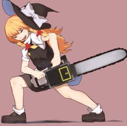 Rule 34 | 1girl, black footwear, black hat, black skirt, black vest, blonde hair, bow, braid, chainsaw, closed eyes, commentary request, cookie (touhou), full body, hair bow, hat, hat bow, highres, holding, holding chainsaw, kirisame marisa, long hair, lunging, open mouth, pink background, power tool, red bow, rizeass, shirt, shoes, simple background, skirt, smile, socks, solo, star (symbol), suzu (cookie), touhou, turtleneck, twin braids, vest, white bow, white shirt, white socks, witch hat