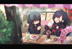 Rule 34 | 2girls, armband, black choker, black hair, black serafuku, blue archive, choker, closed eyes, commentary, commentary request, doughnut, drinking straw, facing another, food, hair ornament, hair over eyes, hairclip, halo, hand on own face, head rest, highres, ichika (blue archive), justice task force member (blue archive), looking at another, multiple girls, neckerchief, open mouth, own hands together, red armband, red neckerchief, sailor collar, sailor shirt, school uniform, seisu, serafuku, shirt, talking