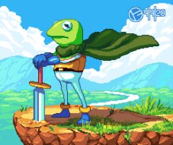 Rule 34 | 1boy, blue gloves, blue pants, blue sky, cape, chrono trigger, cliff, closed mouth, cloud, colored skin, commentary, dated, english commentary, forest, full body, gloves, grass, green cape, green skin, kermit the frog, male focus, mountain, muppets, nature, outdoors, pants, pip (artofpip), pixel art, river, sky, solo, standing, sword, weapon