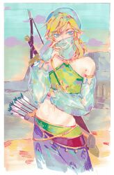 Rule 34 | 1boy, alternate costume, arabian clothes, arrow (projectile), bare shoulders, beach, blonde hair, blue eyes, blue headwear, blue pants, blue sky, blue sleeves, blue veil, border, bow (weapon), chinese commentary, cloud, colored eyelashes, commentary request, cowboy shot, crossdressing, detached sleeves, fingernails, green tube top, hand on mask, hand on own arm, harem outfit, head scarf, highres, link, long sleeves, looking at viewer, male focus, medium hair, midriff, mouth veil, navel, nintendo, ocean, outdoors, painting (medium), pants, pointy ears, puffy long sleeves, puffy sleeves, see-through, see-through sleeves, sky, sleeves past wrists, solo, strapless, sunset, the legend of zelda, the legend of zelda: breath of the wild, traditional media, tube top, veil, watercolor (medium), weapon, weapon on back, white border, yanmian (printemps-noir)
