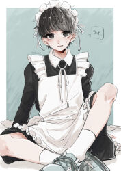 Rule 34 | 1boy, absurdres, ao moke, apron, arm support, artist name, black dress, black eyes, black hair, blunt bangs, border, buttons, collared dress, cross-laced footwear, crossdressing, crossed ankles, dress, embarrassed, feet out of frame, frilled apron, frills, grey background, grey footwear, hair ribbon, highres, juliet sleeves, limited palette, long sleeves, looking at viewer, maid apron, maid headdress, male focus, mole, mole under eye, neck ribbon, original, parted lips, puffy sleeves, ribbon, shoelaces, shoes, short hair, sitting, socks, solo, speech bubble, sweat, two-tone dress, white apron, white border, white dress, white ribbon, white socks