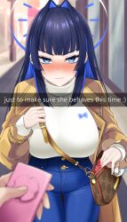 Rule 34 | 1girl, bag, blue eyes, blue pants, blush, breasts, coat, condom box, controller, denim, english text, fake screenshot, hair intakes, handbag, highres, holding, holding remote control, hololive, hololive english, jeans, large breasts, looking at viewer, nixour, official alternate costume, official alternate hair length, official alternate hairstyle, ouro kronii, ouro kronii (casual), pants, pov, pov hands, remote control, remote control vibrator, sex toy, snapchat, sweater, tight clothes, tight pants, trench coat, turtleneck, turtleneck sweater, v-shaped eyebrows, vibrator, virtual youtuber, white sweater, yellow coat