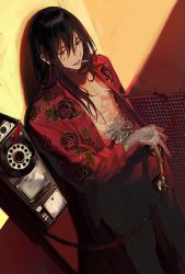 Rule 34 | 1boy, black hair, blood, blood on face, brown eyes, chest tattoo, cigarette, collared jacket, fate/grand order, fate (series), floral print, flower tattoo, holding, holding phone, itefu, jacket, long hair, long sleeves, male focus, open clothes, open jacket, open mouth, pants, payphone, phone, topless male, smoke, smoking, solo, tattoo, yan qing (fate), yin yang