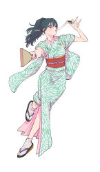 Rule 34 | 1girl, 2021, blue eyes, blue hair, blue kimono, byleth (female) (fire emblem), byleth (fire emblem), fire emblem, fire emblem: three houses, food, full body, geta, hair ornament, hakama, hakama skirt, highres, japanese clothes, kimono, looking at viewer, nintendo, obi, ponytail, sash, simple background, skirt, solo, tabi, white background, wide sleeves, yudepan (yuri no sugata), yukata