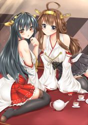 Rule 34 | 10s, 2girls, bare shoulders, black hair, black legwear, blush, boots, breasts, brown hair, cup, detached sleeves, double bun, hair ornament, hairband, haruna (kancolle), headgear, japanese clothes, kantai collection, kongou (kancolle), large breasts, long hair, miniskirt, miyuki rei, multiple girls, nontraditional miko, open mouth, personification, ribbon-trimmed sleeves, ribbon trim, sarashi, grey eyes, sitting, skirt, smile, teacup, teapot, thigh boots, thighhighs, wariza, yellow eyes, zettai ryouiki