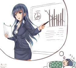 Rule 34 | 1girl, akatsuki (kancolle), anatamo, bar graph, black eyes, black hair, black jacket, black skirt, dated, dreaming, formal, futon, jacket, kantai collection, long hair, office lady, aged up, one-hour drawing challenge, pie chart, pointer, skirt, skirt suit, sleeping, solo, suit, suit jacket, twitter username, zzz
