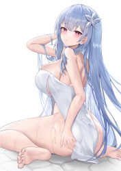 Rule 34 | 1girl, absurdres, arm behind head, ass, azur lane, bare shoulders, barefoot, blue hair, blush, breasts, commentary request, deogho (liujinzy9854), feet, flower, from behind, hair flower, hair ornament, highres, korean commentary, large breasts, long hair, looking at viewer, looking back, naked towel, official alternate costume, parted lips, purple eyes, sideboob, simple background, sitting, solo, toes, towel, voroshilov (azur lane), voroshilov (devoted as the warm snow) (azur lane), wariza, wet