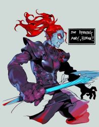 Rule 34 | 1girl, animal ears, armor, blue skin, breastplate, clenched teeth, colored skin, cropped legs, english text, fins, floating hair, from side, gloves, grey background, head fins, highres, holding, holding polearm, holding spear, holding weapon, long hair, pauldrons, pigeon666, polearm, ponytail, profile, red hair, sharp teeth, shoulder armor, signature, simple background, solo, spear, sweat, teeth, undertale, undyne, veins, weapon, wide-eyed